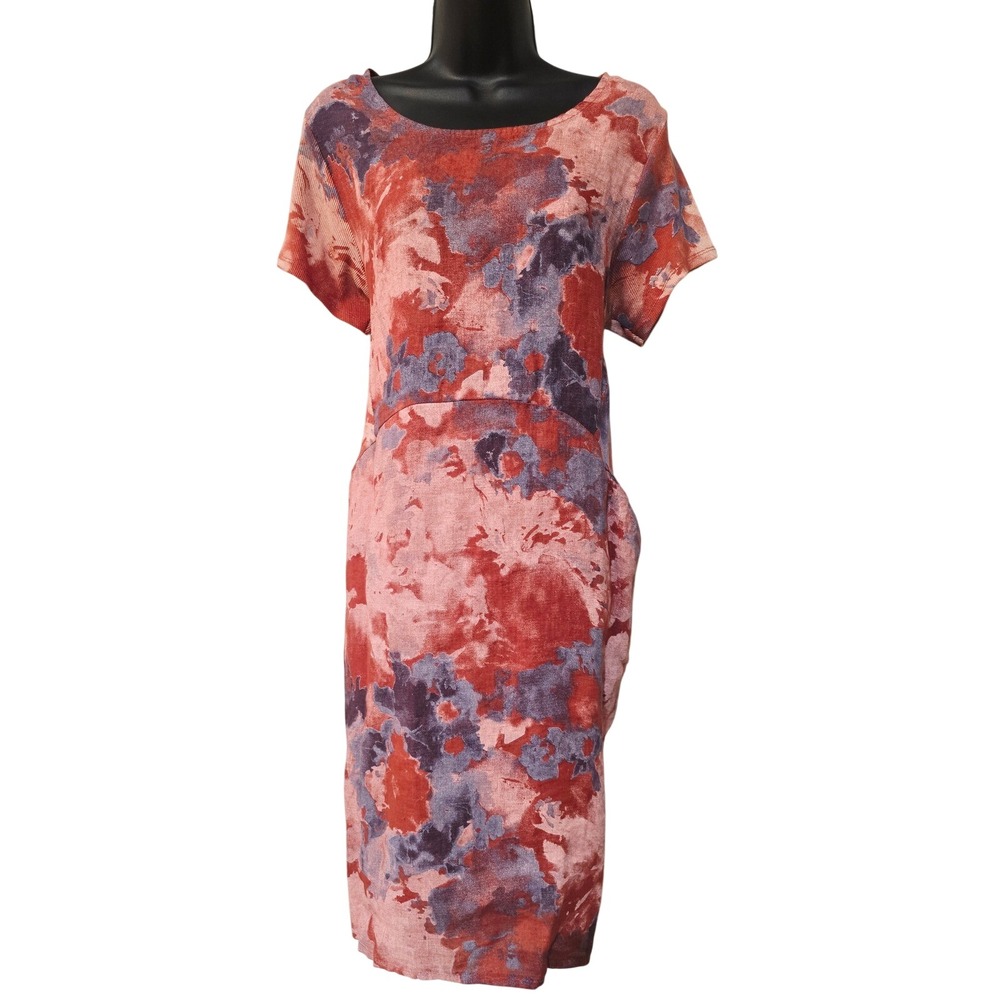 Lands Down Under Womens Linen Blend Abstract Watercolor Pocket Dress Terracotta
